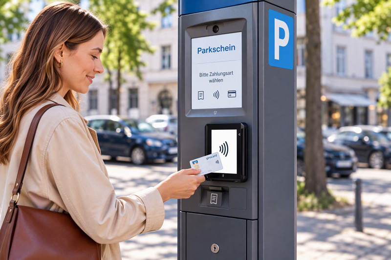 Eine Frau zahlt ihre Parkgebühren Bargeldlos an einem Parkautomat