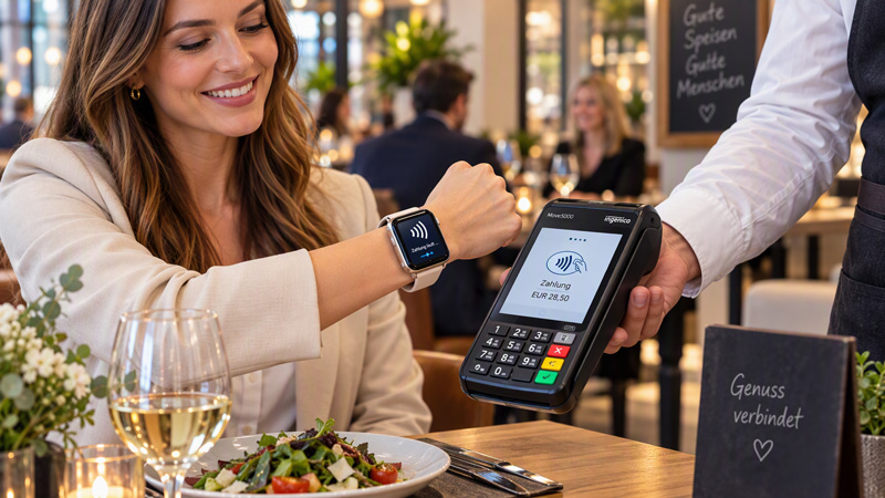 Frau zahlt per NFC im Restaurant